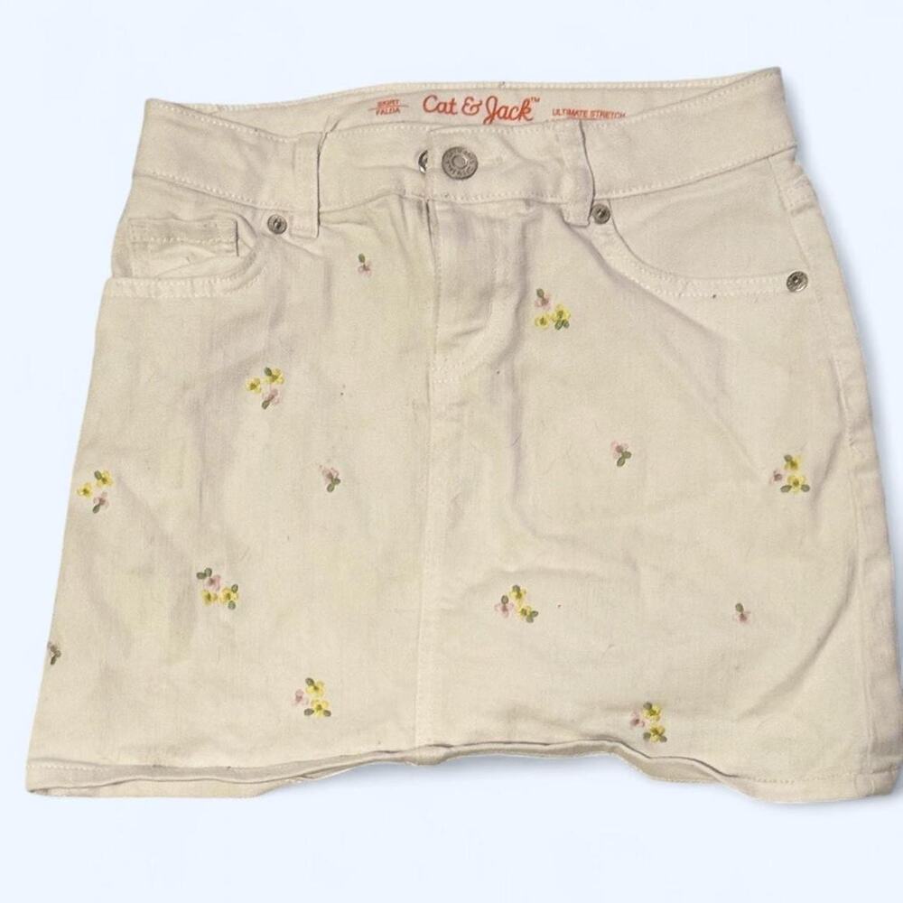 Cat & Jack Girls Floral Embroidered White Denim Skirt Size 8